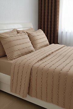 Madame Dower Wave İskandinav Bej Yatak Örtüsü Seti 260x250 cm + 4 Yastık Kılıfı