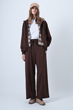 Trend Alaçatı Stili Kahverengi Kapüşonlu Fermuarlı Ceket Ve Yüksek Bel Geniş Paça Pantolon Takım ALC-X14606