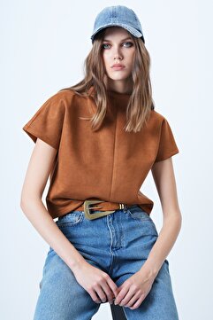 Trend Alaçatı Stili Taba Dik Yaka Gizli Fermuarlı Suni Süet Bluz ALC-X14615