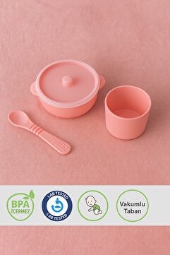 CKM silikon Silikon Pembe 3Lü Set ( Vakumlu Mama Kasesi, Bardak ,Kaşık)