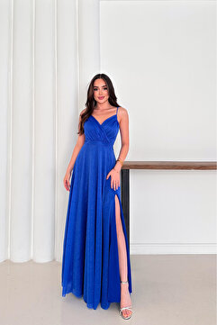 Neşeli Butik kadın ayarlanabilir askılı yırtmaçlı tül abiye elbise RYS9276