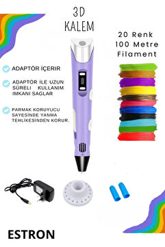 ESTRON Mor 3d Kalem 3d Pen Yazıcı Kalem | 20 Adet 5 Metre (TOPLAM 100 METRE) Filament Adaptörlü