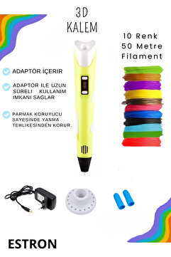 ESTRON Sarı 3d Kalem 3d Pen Yazıcı Kalem | 10 Adet 5 Metre (TOPLAM 50 METRE) Filament Adaptörlü