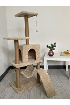 Nursoft B-07 Hamaklı Yuvalı Lüx Kedi Tırmalama Oyun Evi-bej