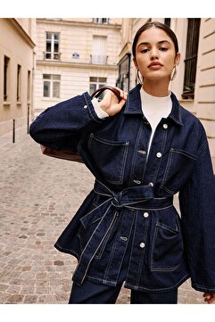 LC Waikiki Indigo Gömlek Yaka Kadın Jean Ceket