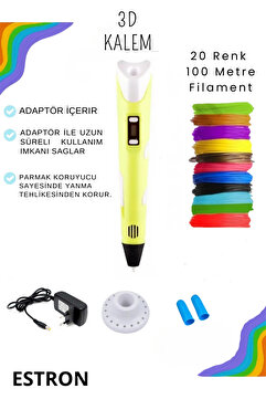 ESTRON Sarı 3d Kalem 3d Pen Yazıcı Kalem | 20 Adet 5 Metre (TOPLAM 100 METRE) Filament Adaptörlü