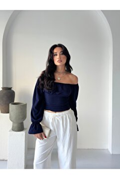 REELMODA KADIN KAYIK YAKA BÜZGÜ DETAYLI BALON KOLLU KREP BLUZ