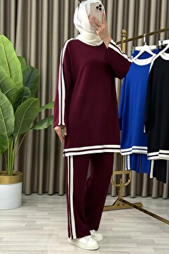 Genel Markalar SEVİLAY TAKIM Kristal Kumaş Kadın Bordo Şerit Detaylı Pantolonlu Tesettür İkili Takım