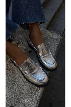 Eataly Shoes Kadın Düz Gerçek Deri Oxford Loafer Günlük Ayakkabı Gümüş