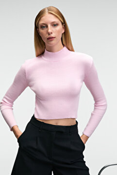 GRIMELANGE CALIDA Kadın Dik Yaka Fitilli Görünümlü Slim Fit Triko Pembe Kazak