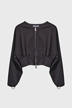 it's basic Kadın Siyah Renk w5-1 Bol Kesim Örme Esnek Kumaş Oversize Fermuarlı Sweatshirt