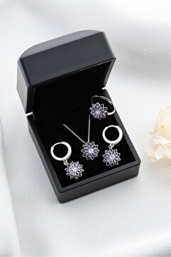Silvano Jewelry 925 Ayar Gümüş Lotus Çiçeği Takı (Kolye-Küpe-Yüzük)Seti