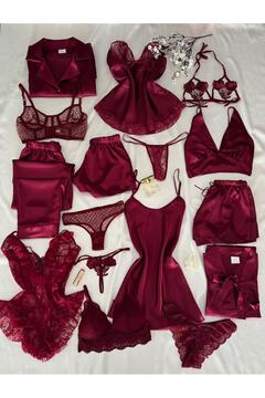 MH Moony Homewears Kutulu 16 Parça Mudodo Bordo Saten Pijama Gecelik Sabahlık Iç Giyim Çeyiz Seti