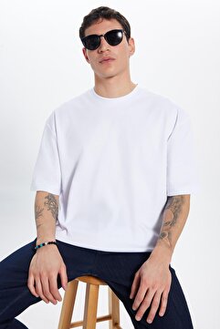 Tudors Unisex Oversize Geniş Kesim %100 Pamuk Yumuşak Dokulu Basic Bisiklet Yaka Beyaz Tişört