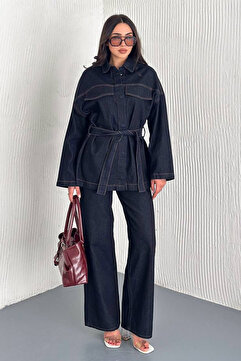 Noa Noa Kadın Kuşaklı Denim Pantolon & Ceket Takımı – Modern & Güçlü Siluet