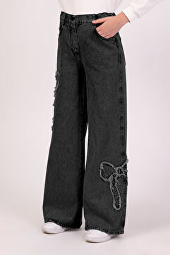 DMB BOYS & GIRLS Kurdele Fiyonk Nakışlı Kız Çocuk Kot Pantolon Yumuşak Dokulu Wide Leg Bol Paça Jean