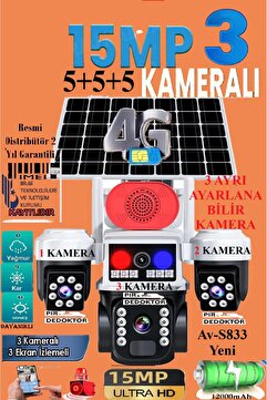 TRCharger Av-s833 Solar Güneş Enerjili Panelli 3 Kameralı 15mp 3 Lens 4g Sim Kart Polis Çakarlı 3 Pır Sensör