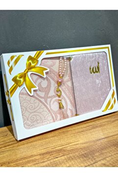 AYHANHOME Hediyelik Bohçalık Tafta Saçaklı Pembe Seccade, Yasin, Tesbih Seti