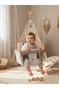 YHH Kids Swingee Emniyet Kemerli Bebek Salıncak Ağaç Salıncak Noktalı Bej
