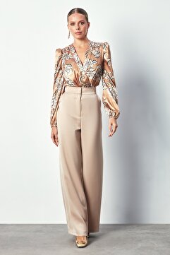 Sateen Desenli Bodysuit Bluz - Camel