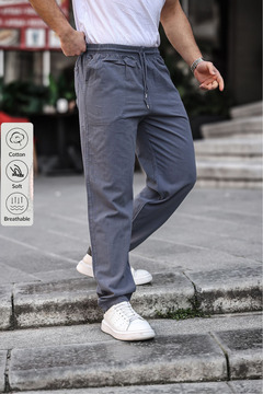 COMBİNE MİCHAİL Füme Renk Erkek Yazlık Keten Karışımı Relaxed Pantolon - FÜME