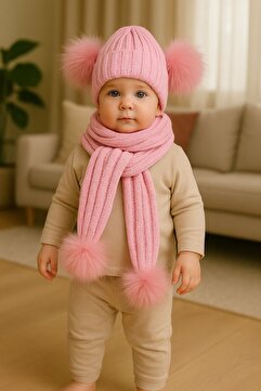 UESKİDS PEMBE PONPONLU TRİKO ATKI BERE SET
