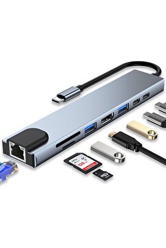 ATAsoft Macbook Pro Air Usb Type-c Hub Dönüştürücü Çevirici Çoklayıcı Usb Hdmı Micro Sd 8 Girişli