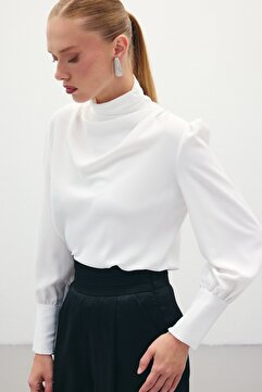Sateen Drape Detaylı Bluz - Ekru