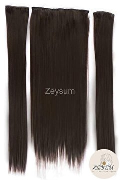 Zeysum 3 lü Set - Orta Koyu Çikolata Kahverengi Yarımay Düz Saç ve Yanlar Çıtçıtlı Postiş 60 Cm 150 gr Isıya Dayanıklı