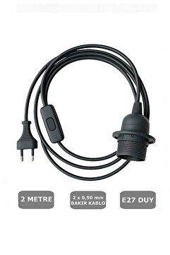 CONANA E27 Duylu 2 Metre Arapuarlı (Aç Kapat Anahtar) Fişli Abajur Duyu Seyyar (2X0,50) (Siyah) 65W
