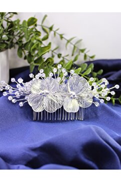Tugiba Çiçekli Kristal Taşlı Taraklı Gelin Saç Aksesuarı, Tokası ve Gelin Tacı (Nikah-Söz-Nişan)
