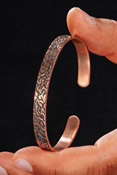 Otto Man Steel Jewelry Kadın Erkek Ağaç Kabuğu Model El İşçiliği Saf Bakır Kelepçe Bilezik Metal Kutulu Doğal Taşlı Set