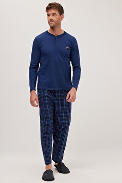 Tudors Erkek Regular Fit Pamuklu Düğmeli Yaka Beli Lastikli Desenli İndigo Pijama Takımı