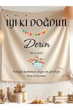 Puppetzzz Kişiye Özel Büyük Ebat İyi Ki Doğdun Küçük Prens Temalı Doğum Günü Duvar Örtüsü Halısı Flama