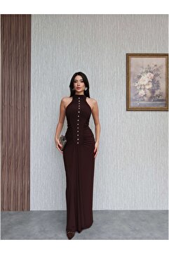 ESRAHELVACI Yan Büzgü Düğme Detaylı Uzun Elbise