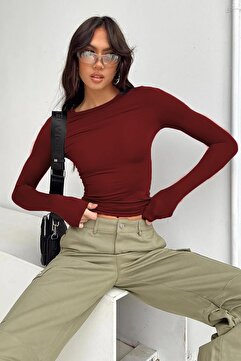 Madmext Bordo Bisiklet Yaka Basic Uzun Kollu Bluz MG1701