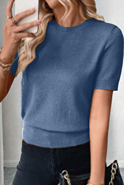 AQE FASHION Bisiklet Yaka Likralı Kısa Kollu İndigo Bluz