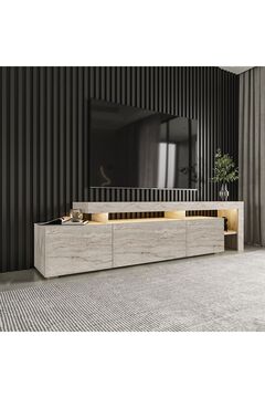 İNARCH DİZAYN Beliz Modern LED Işıklı 3 Kapaklı, Raflı TV Sehpası – 192 cm - Traverten Mermer Desen