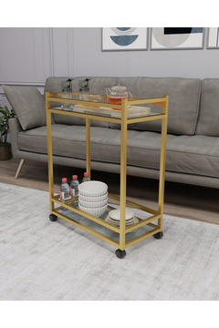 HNC HOME Çok Amaçlı Tekerlekli Sunum Servis Arabası Yan Sehpa Cam Raflı Gold Metal İskeletli Servant