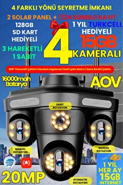 Kadraj 4 Kameraları 4G - eSim Solar Panelli, Her ay 15GB Turkcell 1 Yıl Hediyeli, 7/24 Kayıt Aov, Hareket A