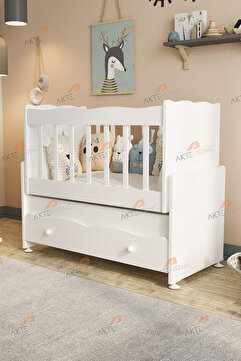 Aktehome Anne yanı Çekmeceli Sallanır Bebek Beşiği – Beyaz, Rahat ve Güvenli Model