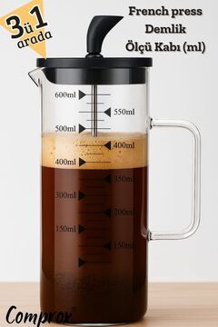 Comprox Cambu 600ml 3 Ü 1 Arada (ATEŞE DAYANIKLI) French Press Demlik, Ölçü Kabı