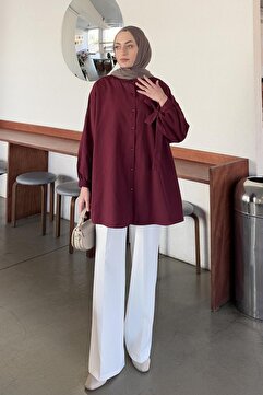 Lamelif Kol Detaylı Gömlek Oversize Gömlek Bordo