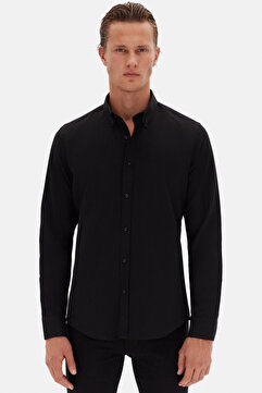 D'S Damat Ds Damat Slim Fit Siyah Oxford Düğmeli Yaka Kolay Ütülenebilir Nakış Detaylı Pamuklu Gömlek
