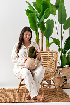 Nisanca Uzun Kol Gömlek Yaka Kadın Pinterest Pijama Takımı - Mevsimlik Kadın Pijama- Büyük Beden