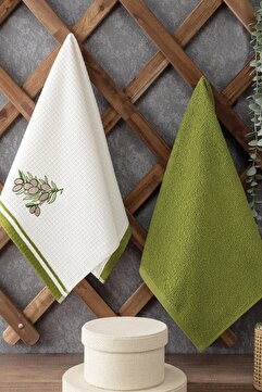 Sevim 2’li Mutfak Havlusu Seti - Ekru Ve Yeşil Renk - Zeytin Figürlü Pamuk 40x60 Cm