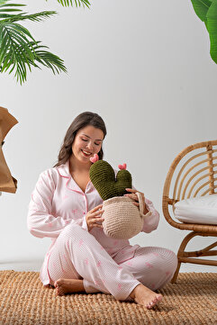 Nisanca Uzun Kol Gömlek Yaka Kadın Pinterest Pijama Takımı - Mevsimlik Kadın Pijama- Büyük Beden