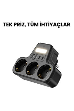 SMAYLİNG 3’lü Duvar Tipi Akım Korumalı Priz | 2 USB-A + 2 Type-C Girişli | LED Gece Lambalı Akıllı Çoklu Priz