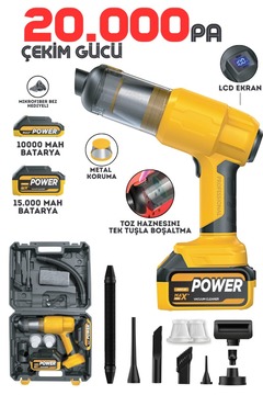 Enshall 25.000mAh Çift Bataryalı Auhma 20.000PA Ultra Çekim Güçlü Çantalı Araç Temizleme Süpürgesi AHV21