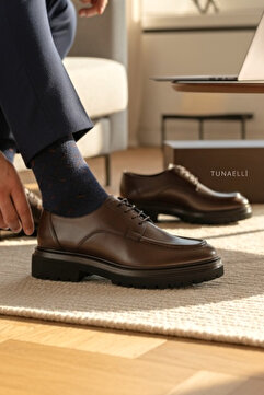 TUNAELLİ ERKEK KAHVERENGİ HAKİKİ DOĞAL DERİ 39-45-46 NUMARA BAĞCIKLI OXFORD AYAKKABI